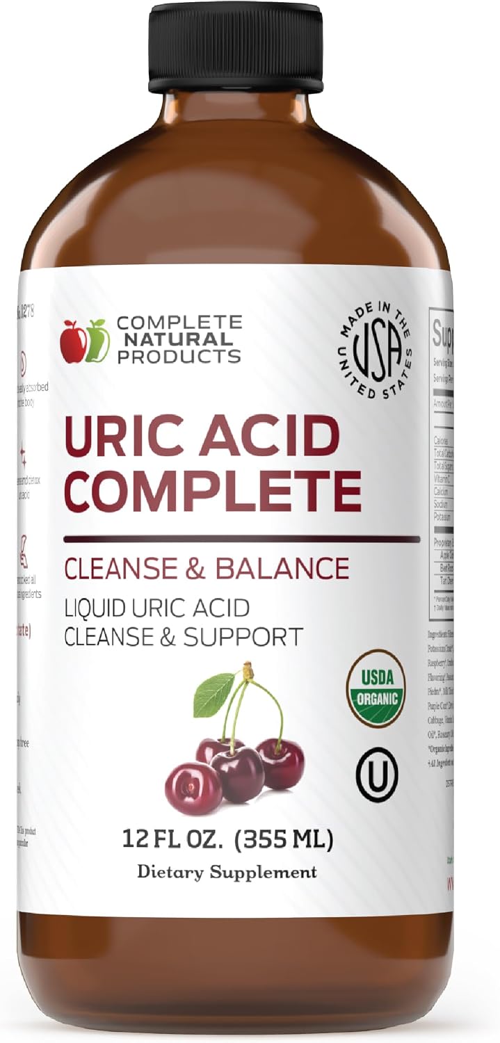 Complete Natural Uric Acid Complete - Suplemento Líquido para el Apoyo del Ácido Úrico, Salud Renal y Circulación Sanguínea con Vinagre de Manzana, Cereza Ácida, Remolacha, Limón y Canela - 355 ml