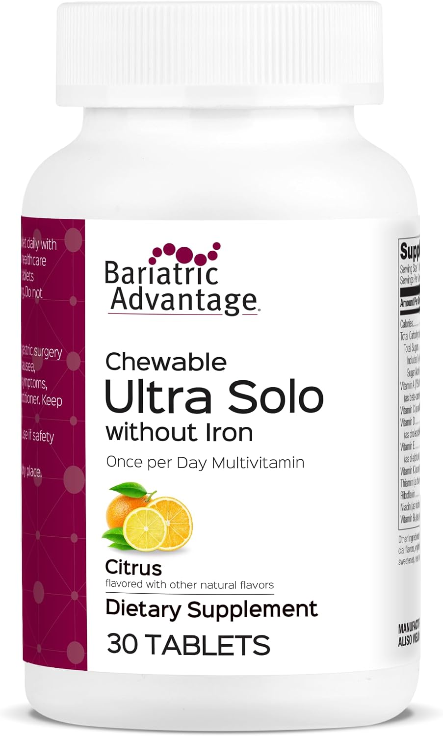 Bariatric Advantage Chewable Ultra Solo Sin Hierro - Multivitamínico Diario para Pacientes de Cirugía Bariátrica - 30 Comprimidos Sabor Cítrico