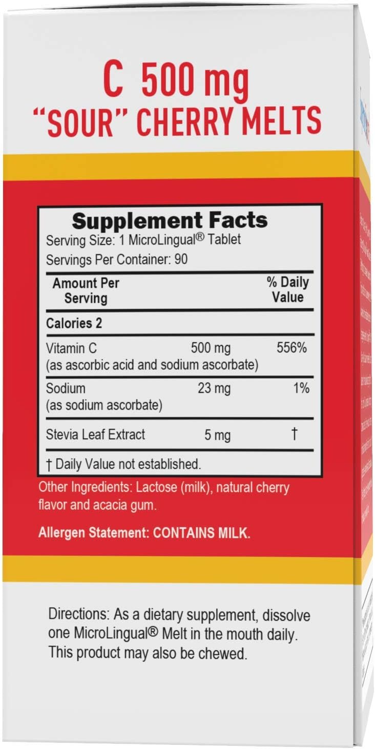 Vitamina C 500 mg Cereza Ácida Superior Source - Suplemento Vitamínico Diario que Apoya la Salud Inmunológica - Fórmula de Vitamina C que Contribuye a la Salud Celular - 90 Comprimidos Sublinguales Disolubles