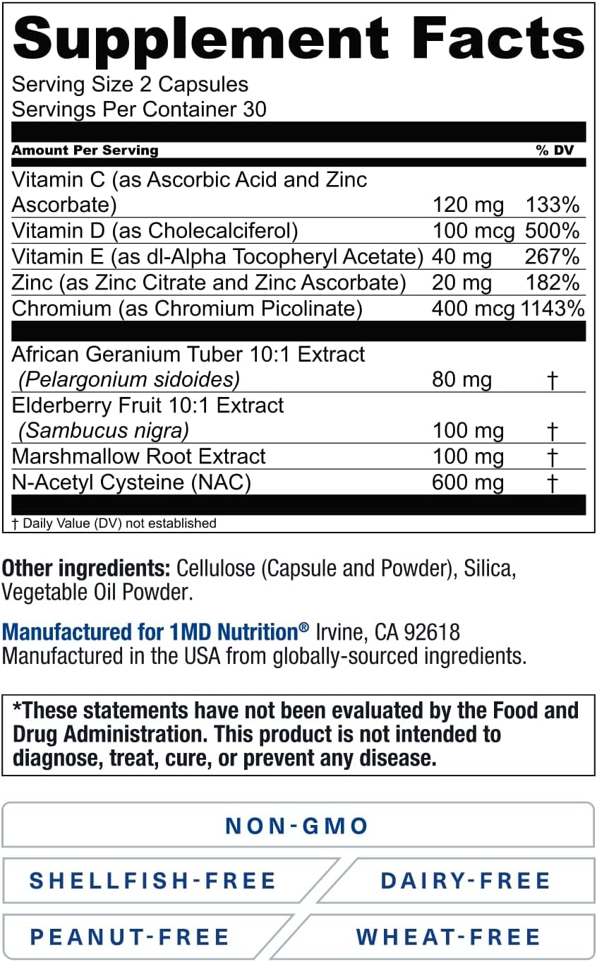 1MD Nutrition BreatheMD - Suplemento respiratorio e inmunológico con Saúco, Cromo y NAC, 60 cápsulas