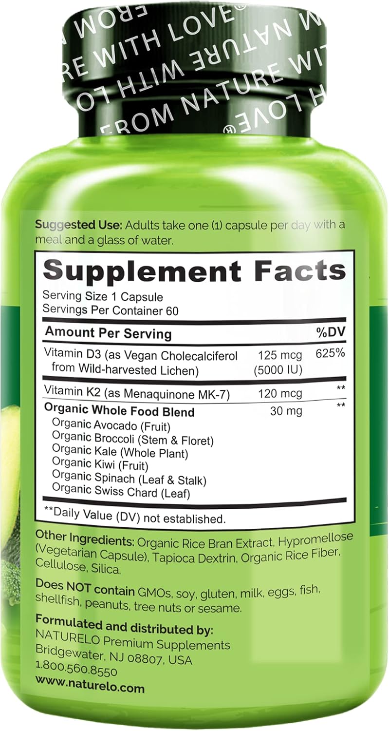 NATURELO Vitamina D3 K2 - Vegano con D3 de Liquen y K2 MK-7 - 60 Cápsulas (Pack de 2)