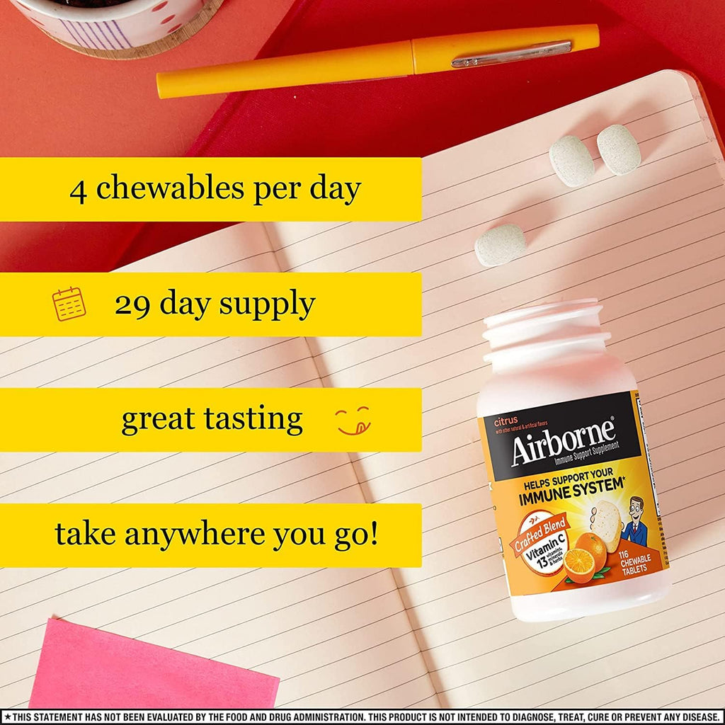 Airborne Vitamina C 1000 mg + Zinc – Comprimidos masticables sabor Frutos Rojos y Cítricos – 116 comprimidos
