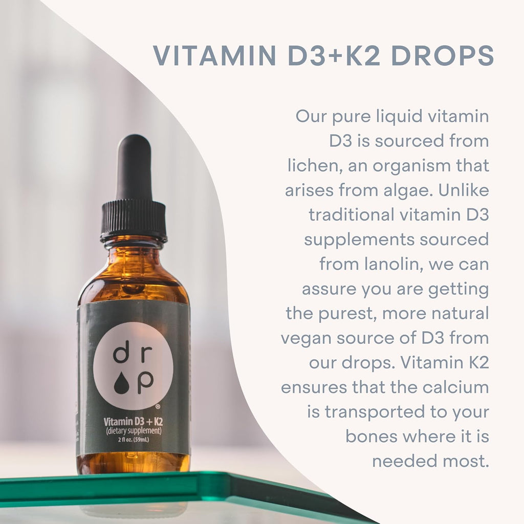 Drop Vitamina D3 + K2 Gotas Líquidas, 1000 UI D3 Vegana de Liquen, 45 mcg K2 (MK-4 y MK-7), con Aceite de Coco MCT Orgánico, 59 Dosis, 60 ml
