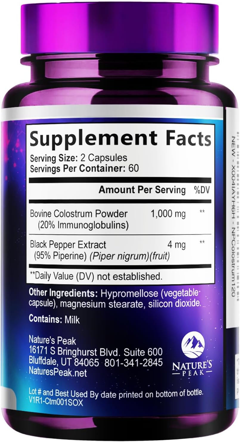 Nature's Peak Calostro Bovino 1000mg con 20% Inmunoglobulinas (IgG) - 120 Cápsulas