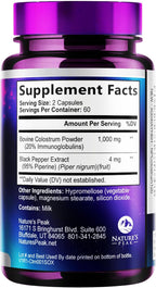 Nature's Peak Calostro Bovino 1000mg con 20% Inmunoglobulinas (IgG) - 120 Cápsulas