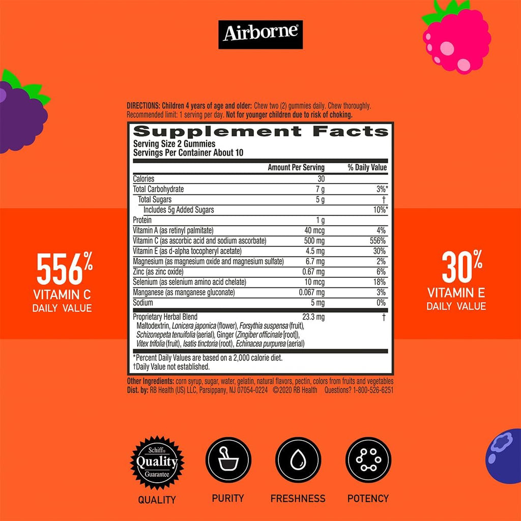 Airborne Gominolas de Vitamina C 500mg + Zinc para Niños, Sabor Fruta Variada, 21 Gominolas (Pack de 3)