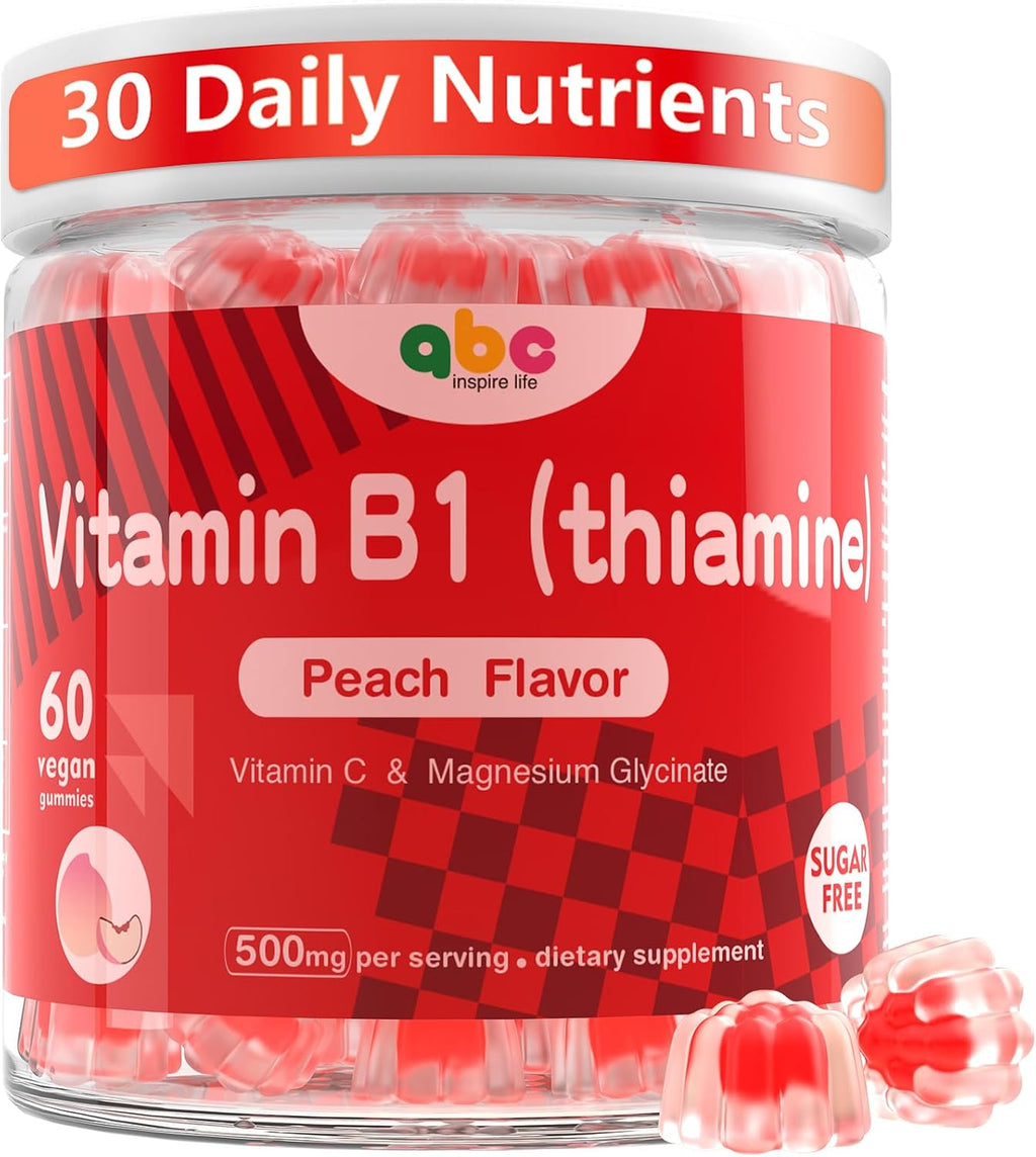 Vitamin B1 Gummies 300mg con Magnesio y Vitamina C – Gomitas de Tiamina para Adultos y Niños – Sabor Melocotón Natural – Sin Azúcar, Vegano, No GMO – 60 Unidades (1 Mes)