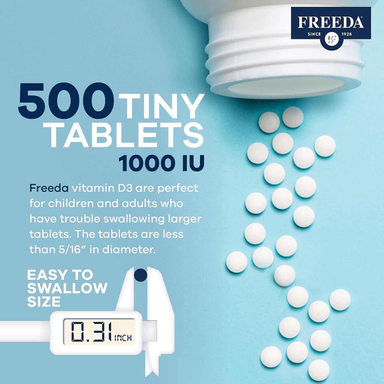 FREEDA Vitamina D3 Pura 1000 UI – Dosis de Mantenimiento Diaria – 500 Comprimidos Pequeños