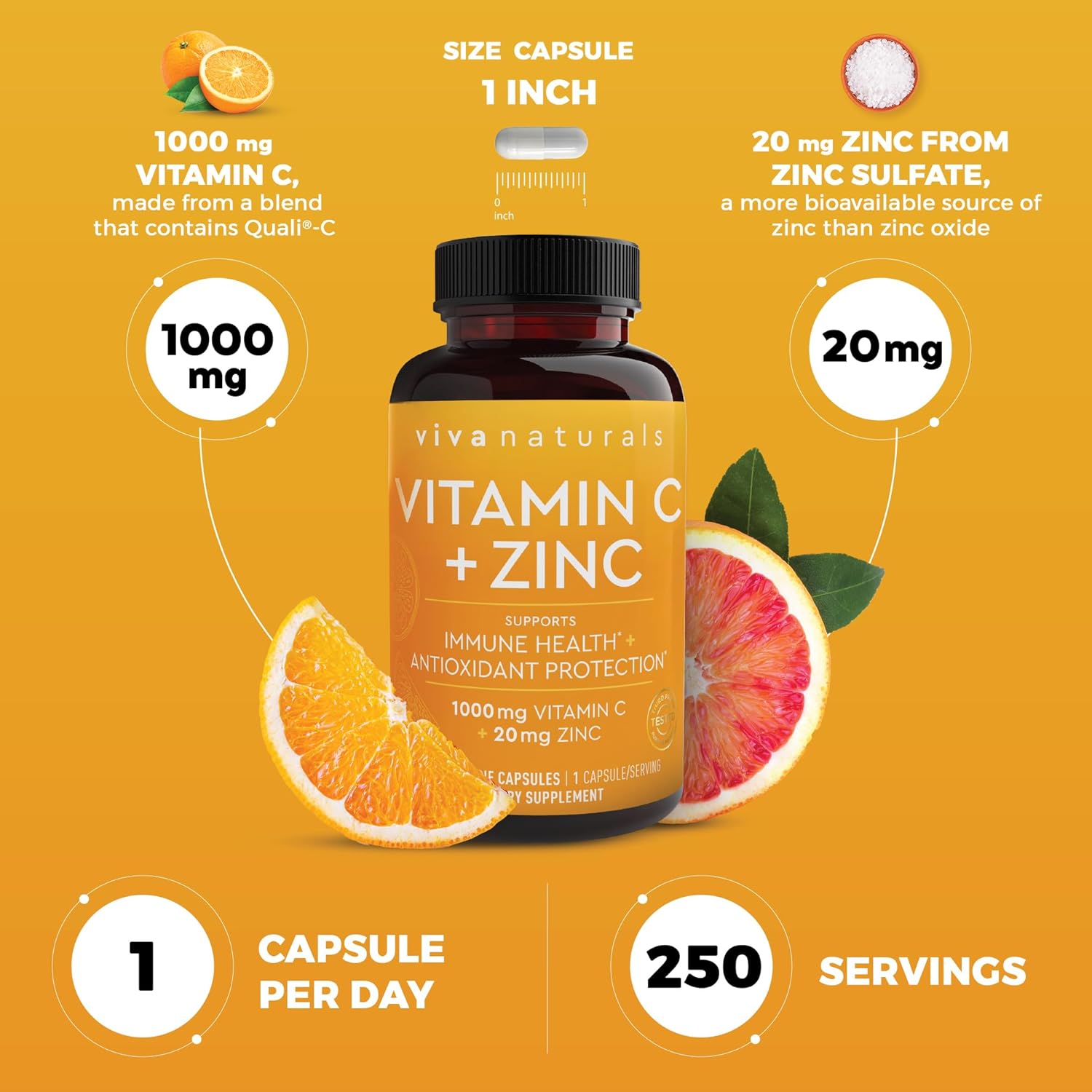 Viva Naturals Vitamina C y Zinc 1000 mg - 250 Cápsulas Vegetales