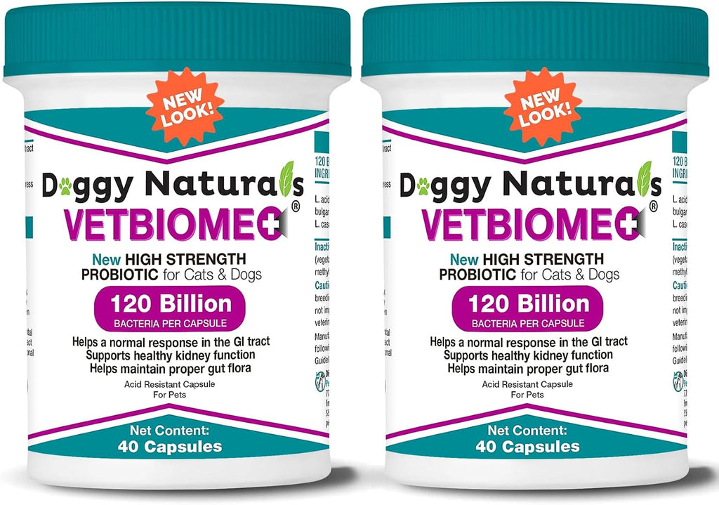 Vetbiome Plus Probióticos de Alta Potencia para Mascotas - 120 Mil Millones de UFC, 9 Cepas - 80 Cápsulas (2 Paquetes)