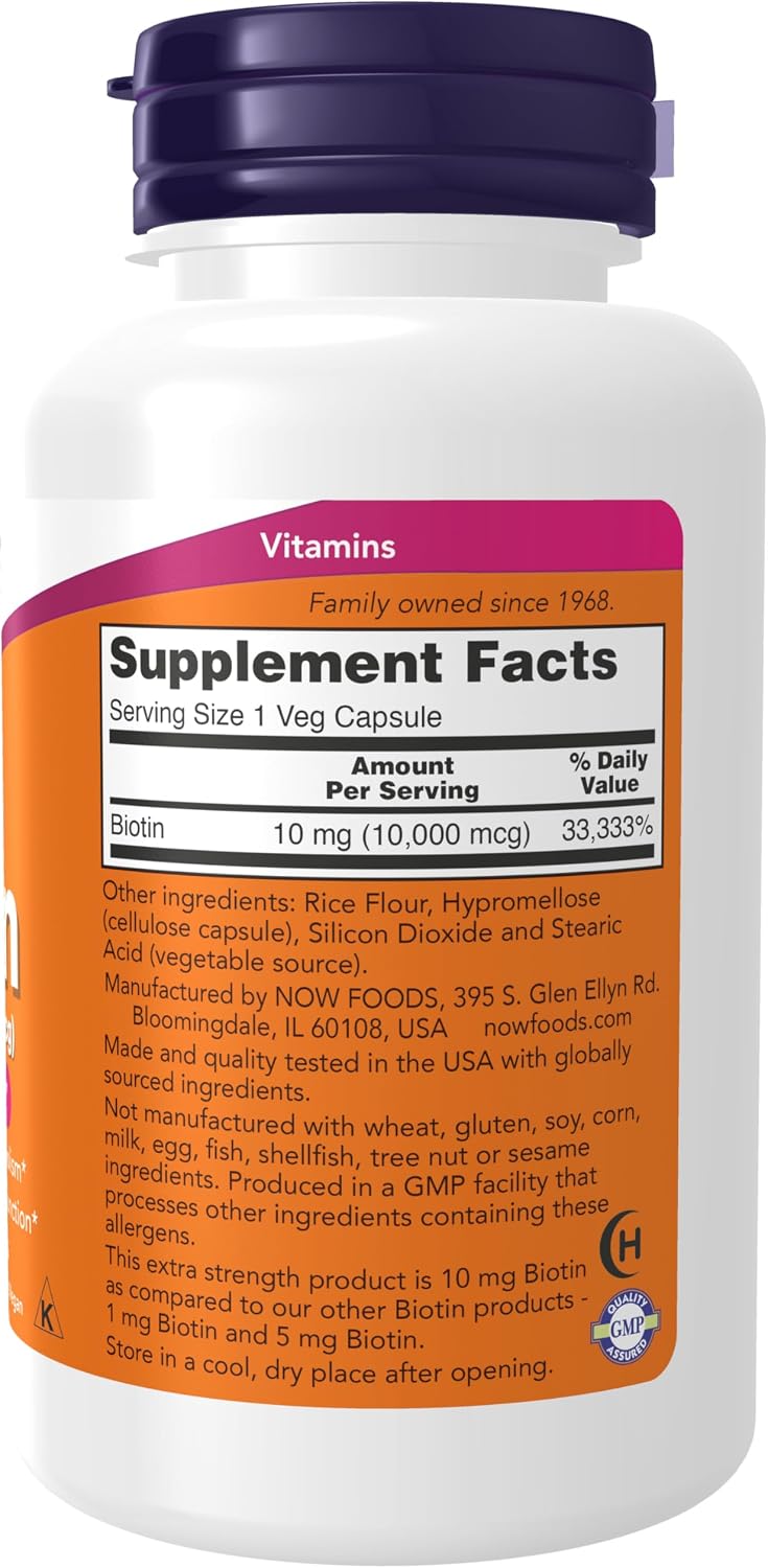 NOW Foods Biotin 10 mg (10,000 mcg), Extra Strength, 120 Vegan Capsules