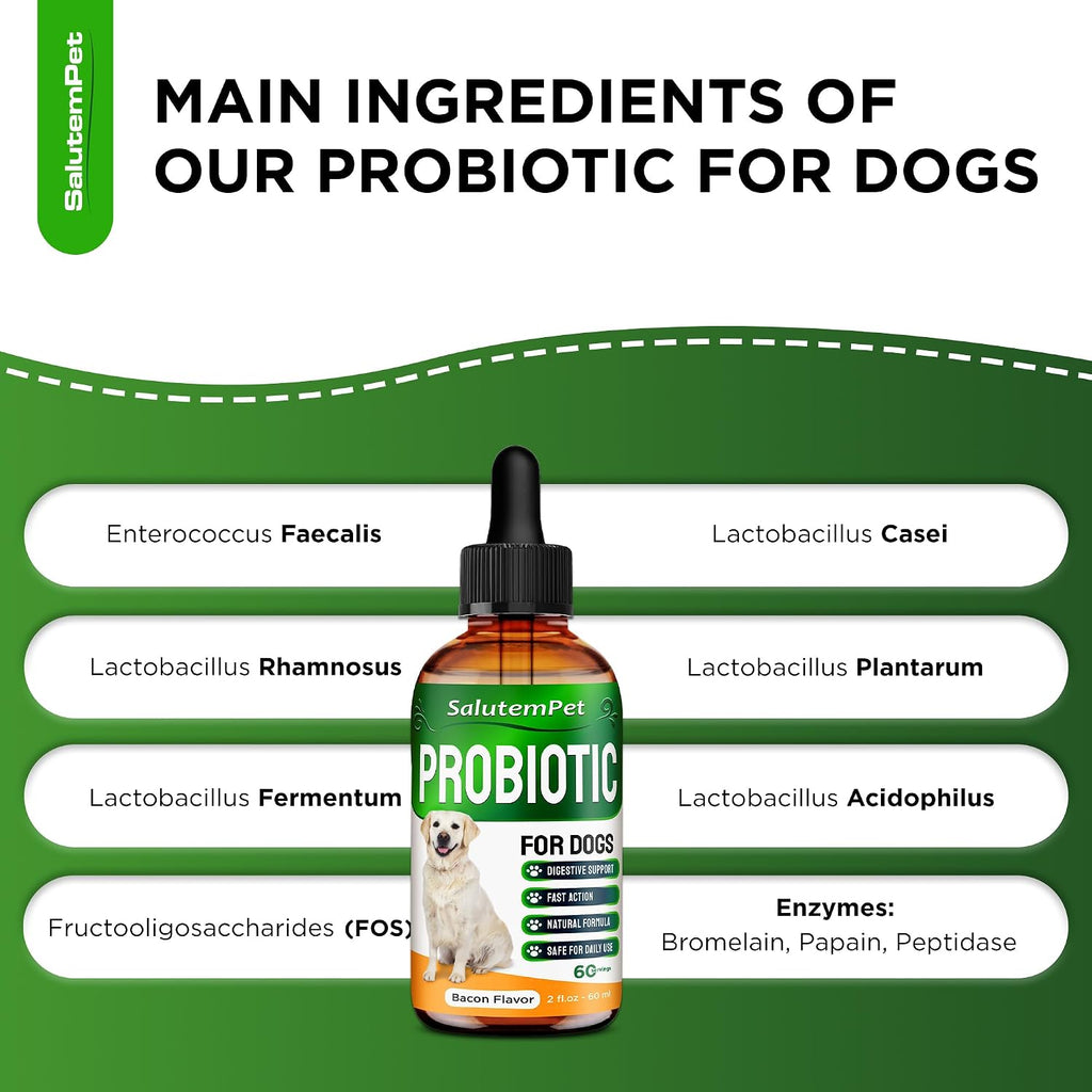 Probióticos Líquidos para Perros y Cachorros con Prebióticos y Enzimas Digestivas - Sabor Bacon - 60 ml