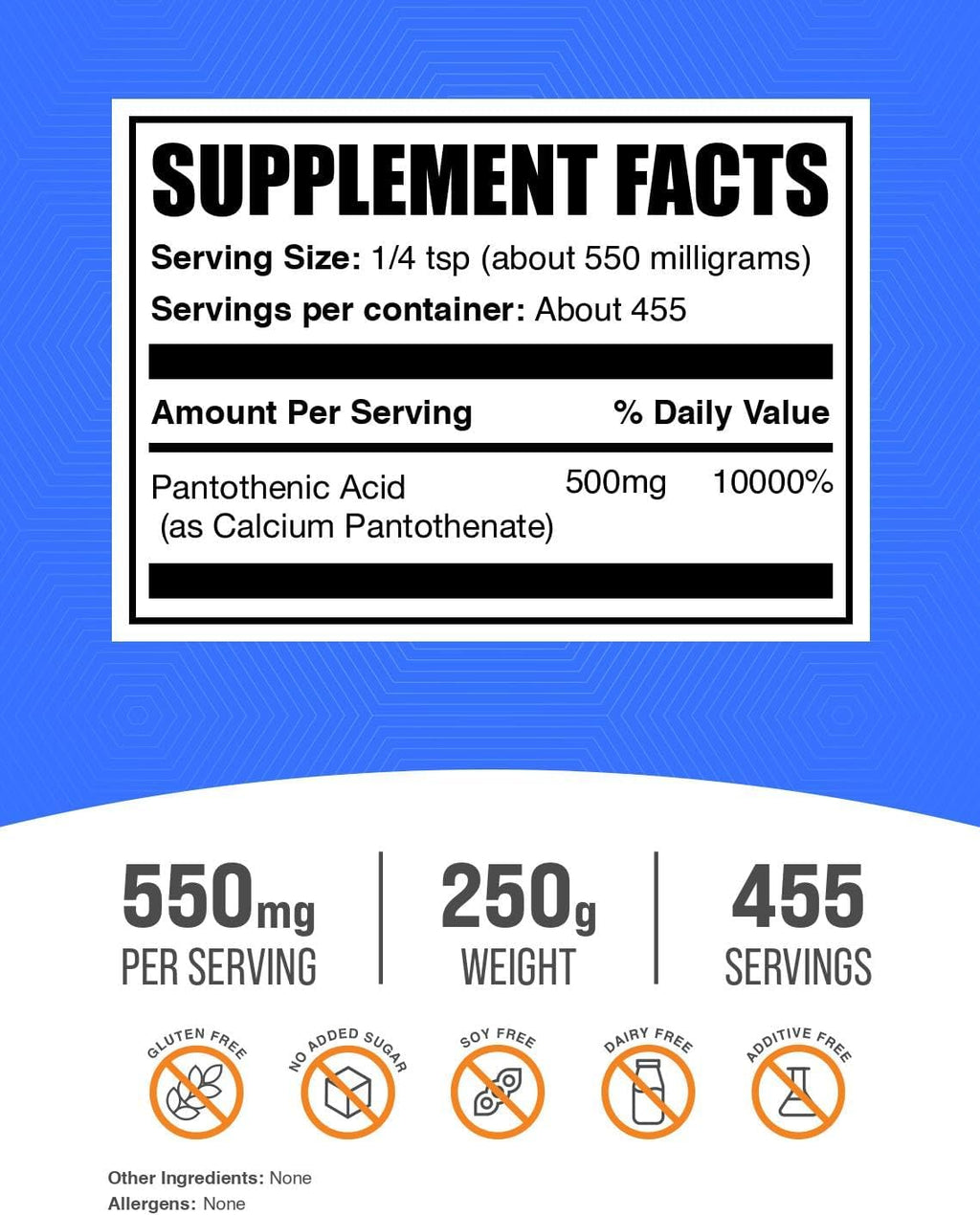 Vitamin B5 (Pantothenic Acid) Powder - Calcium Pantothenate, 500 mg per serving, 250 g