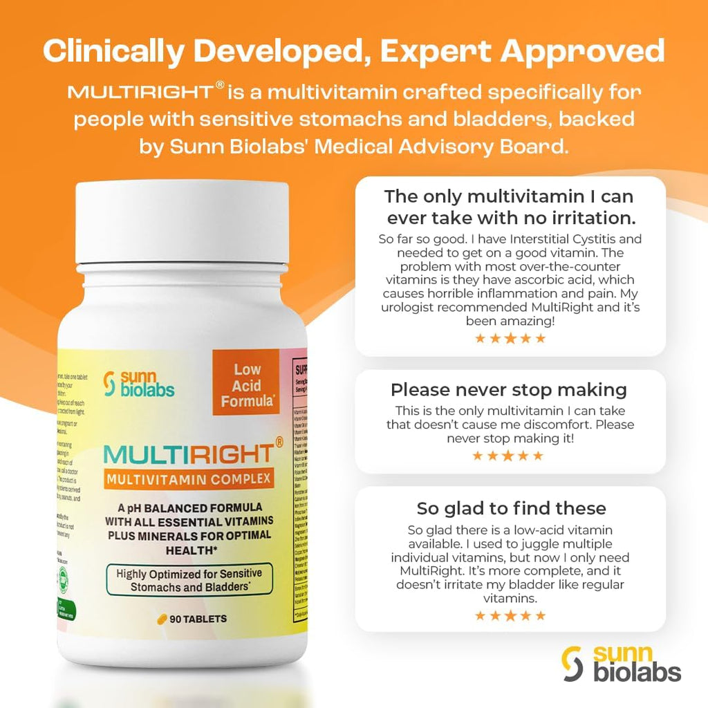 MULTIRIGHT Multivitamínico Bajo en Ácido para Estómagos y Vejigas Sensibles - 14 Vitaminas y 14 Minerales - pH Equilibrado - 180 Comprimidos (2 Paquetes)