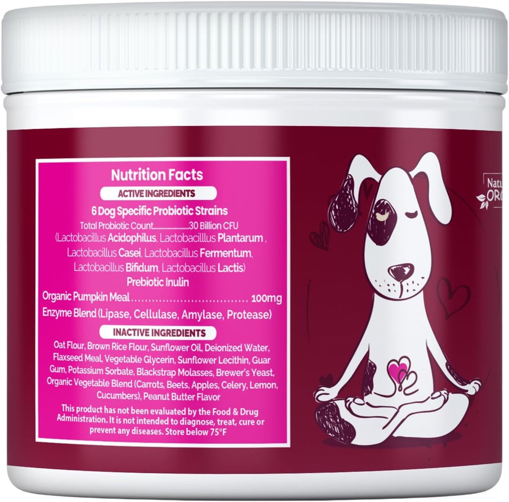 Masticables Probióticos para Perros con 6 Cepas y 30 mil millones UFC, Sabor a Mantequilla de Maní, Apoyo Digestivo Natural, Bocados Blandos