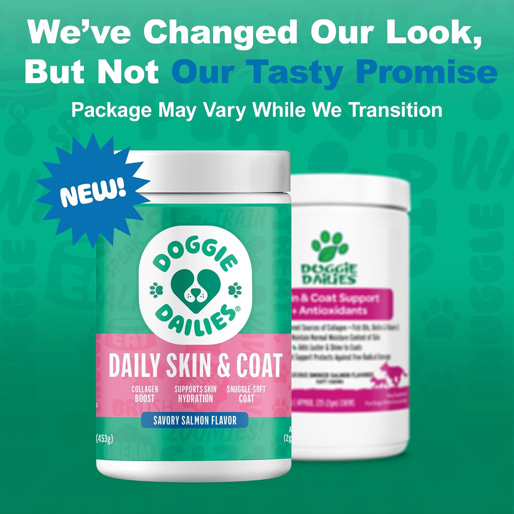 Doggie Dailies Suplemento para Piel y Pelaje con Aceite de Salmón, Colágeno, Omega 3, Aceite de Krill, Biotina y Aceite de Coco - 225 Chews Blandos