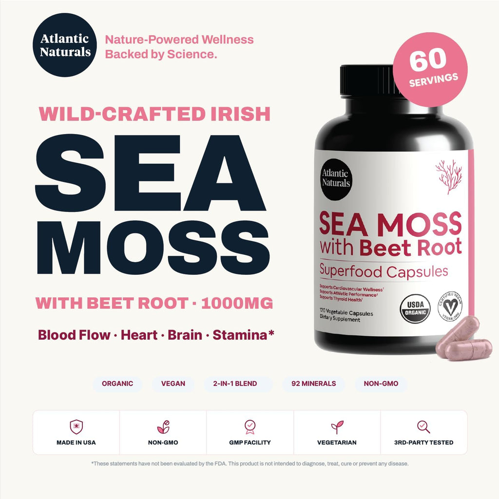Atlantic Naturals Sea Moss con Remolacha Cápsulas - Suplemento Multivitamínico Premium - 120 cápsulas