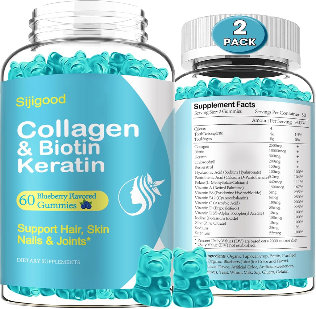 Gominolas de Biotina con Colágeno y Queratina - Sabor Arándano - 120 Gominolas (Pack de 2)