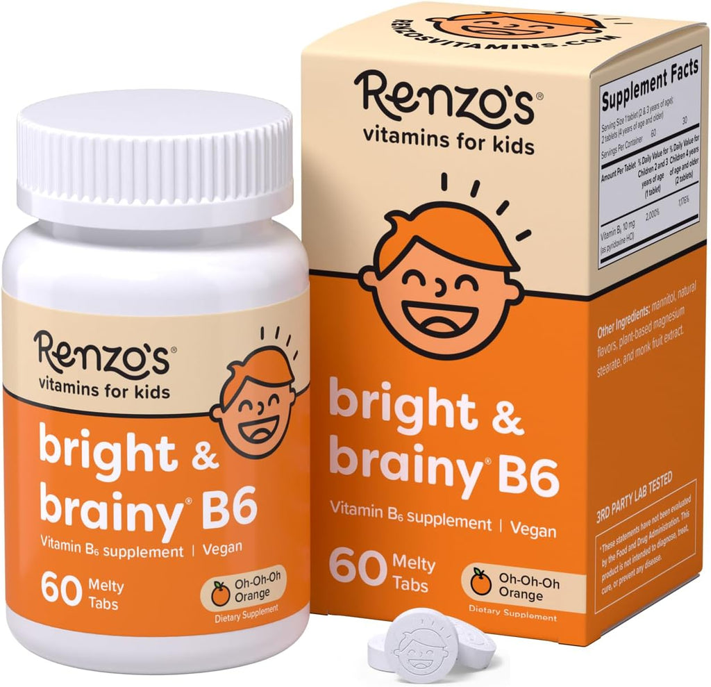 Renzo's Bright & Brainy Vitamina B6, Comprimidos Disolventes para Niños, 60 Unidades, Sabor Naranja Sin Azúcar