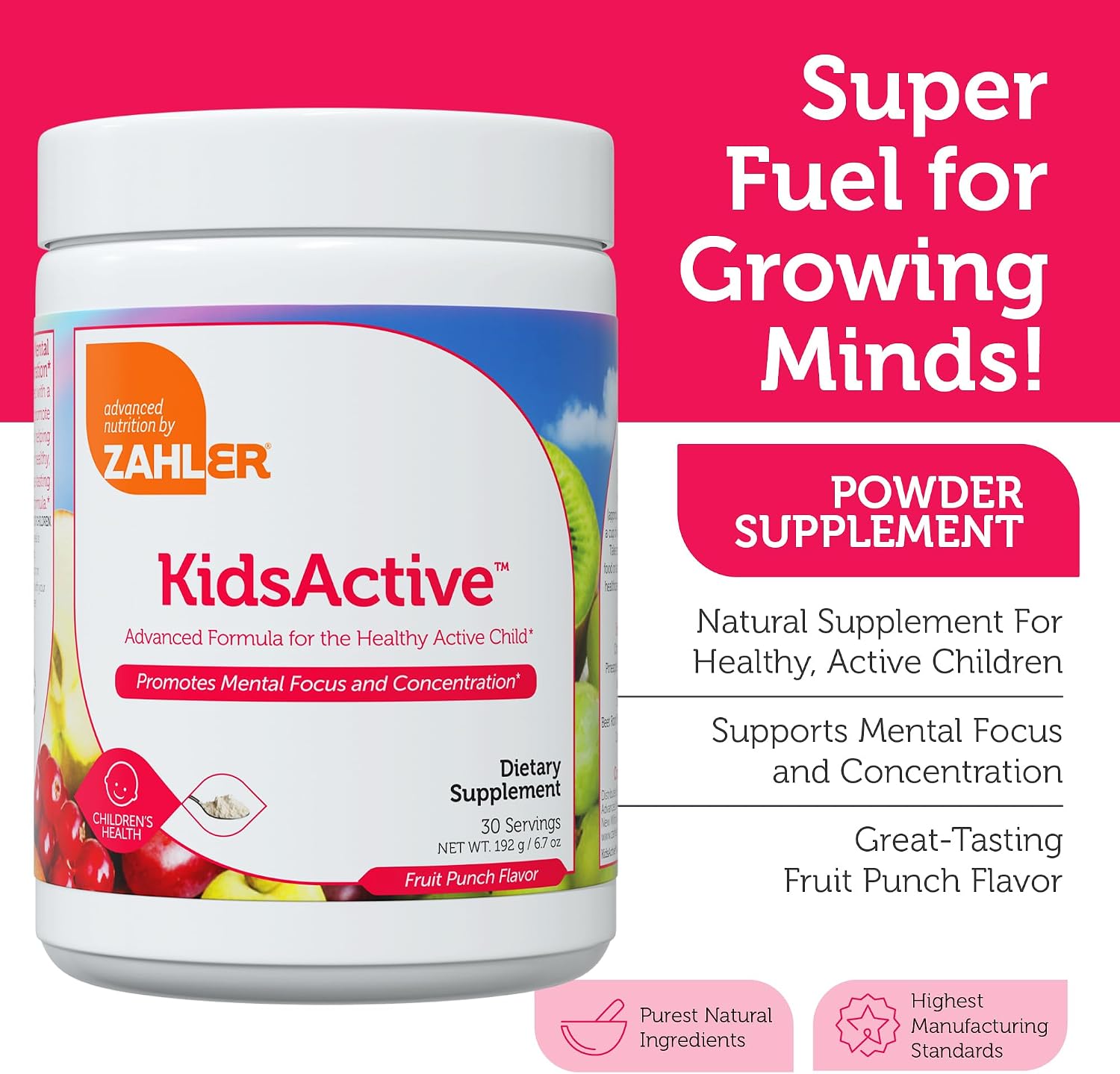 Zahler KidsActive – Fórmula en Polvo para la Concentración Infantil, 30 Dosis, Sabor a Punch de Fruta