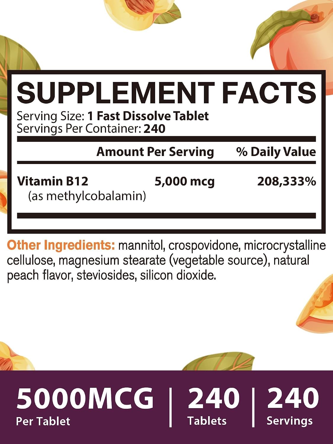 Vitamina B12 Sublingual 5000mcg - Metilcobalamina - 240 Comprimidos de Disolución Rápida - Sabor Melocotón Natural - Vegano, Sin Azúcar