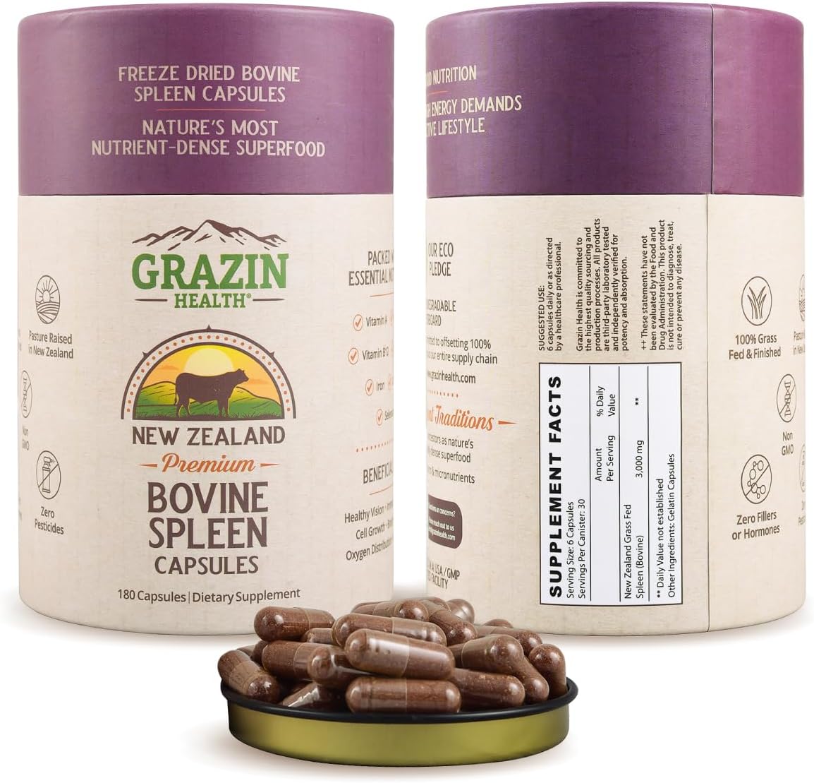 Grass Fed Bovine Spleen Capsules 3000 mg - Suplemento de Bazo de Bovino