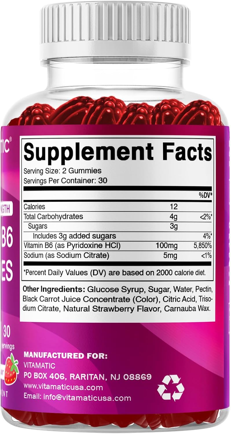 Vitamatic Vitamina B6 100mg - Sabor a Bayas Natural - 60 Gominolas a Base de Pectina - Apoyo Sistema Nervioso