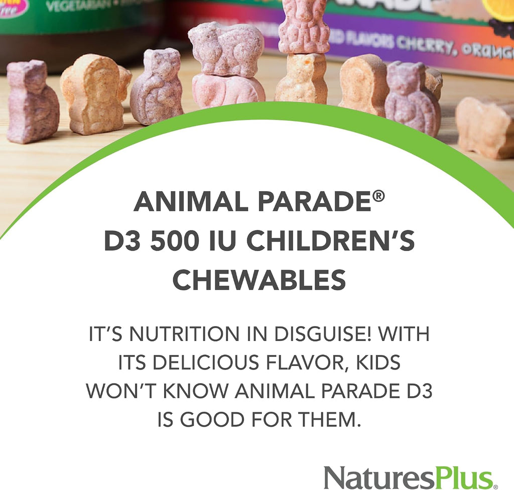 NaturesPlus Animal Parade Vitamina D3 para Niños - Comprimidos Masticables Sabor Cereza Negra - 90 Comprimidos (Pack de 2) - 180 Dosis Totales