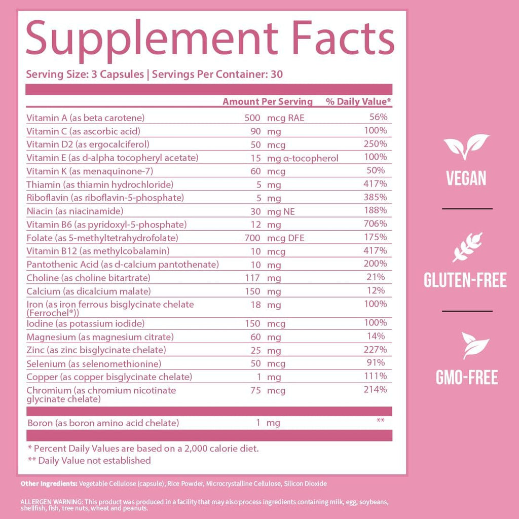 GOBIOTIX Vitaminas Prenatales para Mujeres - Multivitamínico con Hierro, Calcio, Vitamina D2, C, Zinc y Ácido Fólico - 90 Cápsulas