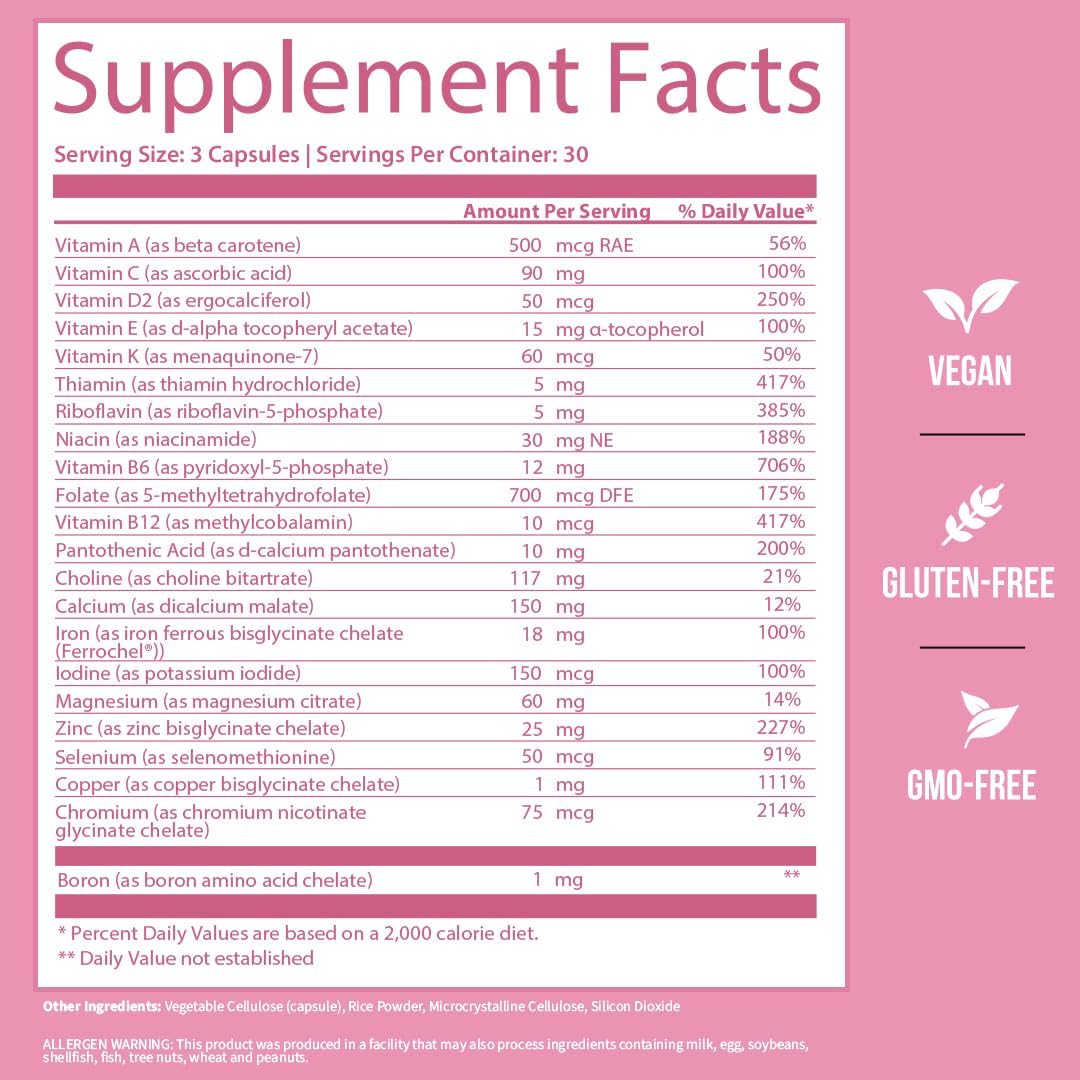 GOBIOTIX Vitaminas Prenatales para Mujeres - Multivitamínico con Hierro, Calcio, Vitamina D2, C, Zinc y Ácido Fólico - 90 Cápsulas