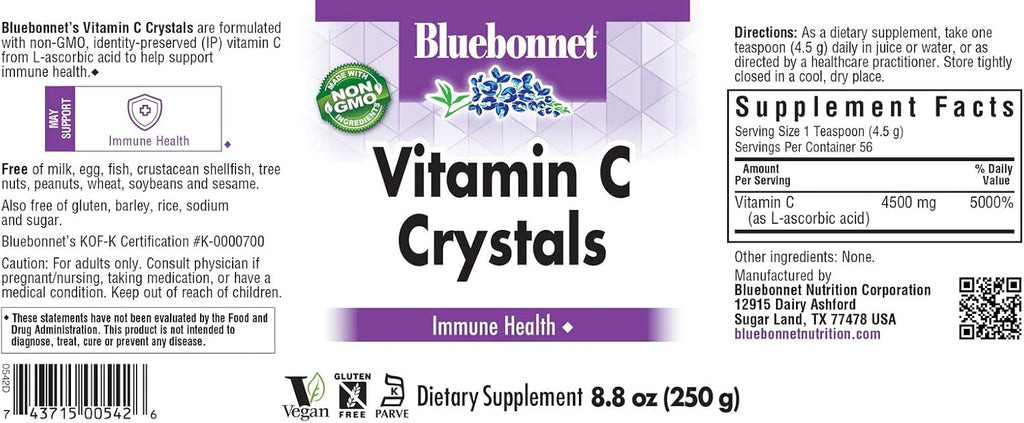 Bluebonnet Nutrition Vitamin C Crystals - 4500 mg per serving - 250 g (8.8 oz) - Soy-Free, Gluten-Free, Vegan