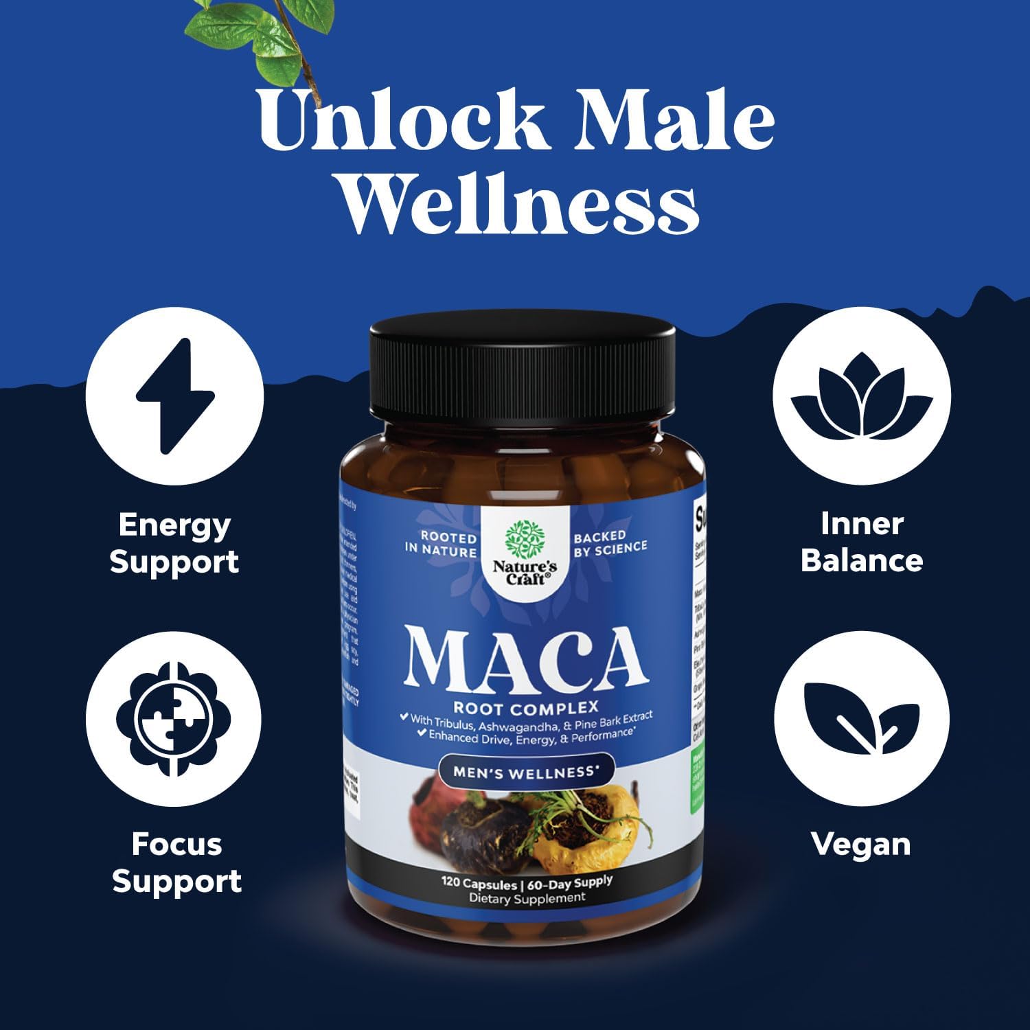 Potent Black Maca Root Cápsulas para Hombres - Complemento Herbal con Ginseng Siberiano, Ashwagandha y Raíz de Maca Negra - 120 Cápsulas