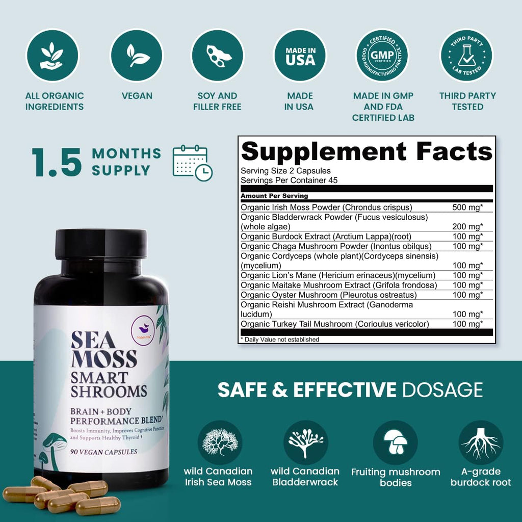 HAPPY FOX Cápsulas de Musgo Irlandés y Hongos Adaptógenos - 1500 mg, 90 Cápsulas Veganas