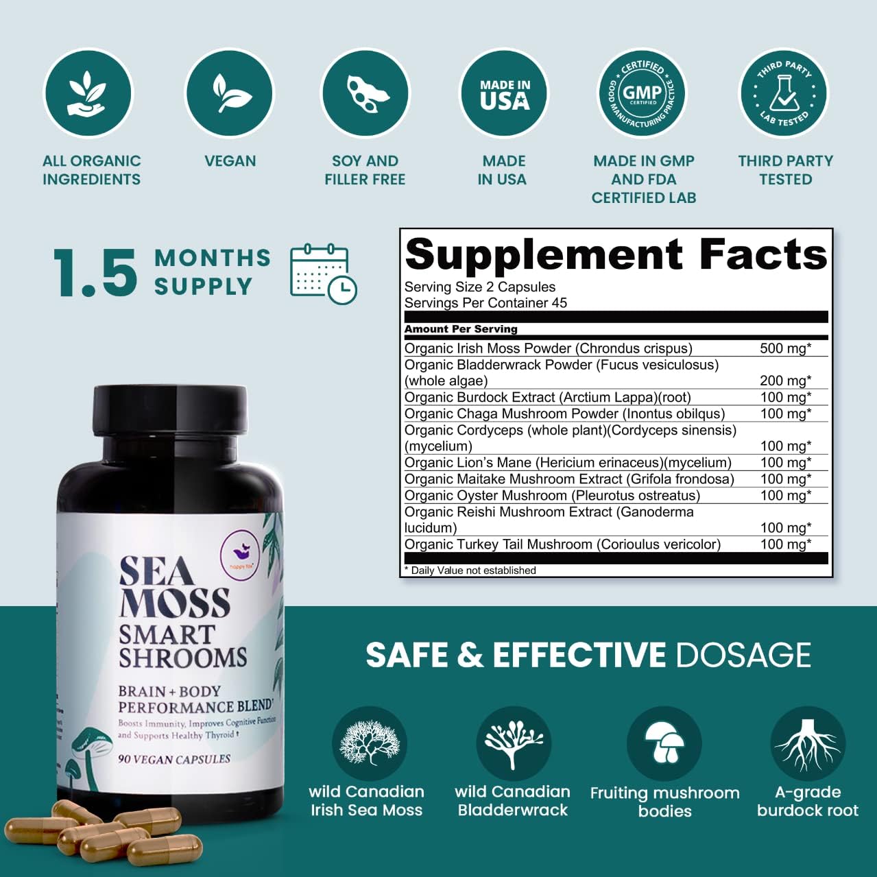HAPPY FOX Cápsulas de Musgo Irlandés y Hongos Adaptógenos - 1500 mg, 90 Cápsulas Veganas