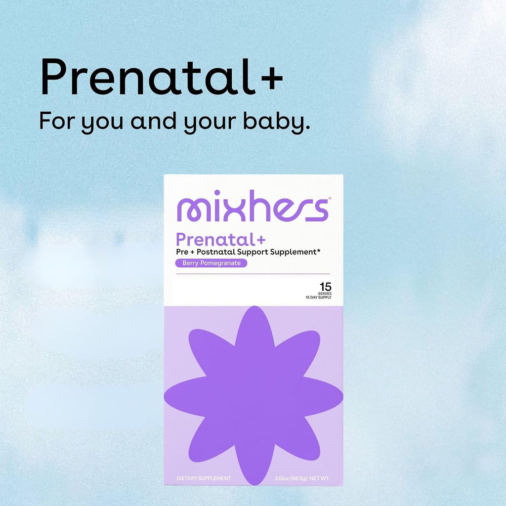 MIXHERS Prenatal+ Multivitamínico Prenatal y Postnatal en Polvo, Sabor a Frutos Rojos y Granada, 15 Sobres