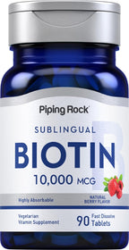 Piping Rock Biotin 10000 mcg Sublingual Tablets Berry Flavor, 90 Count