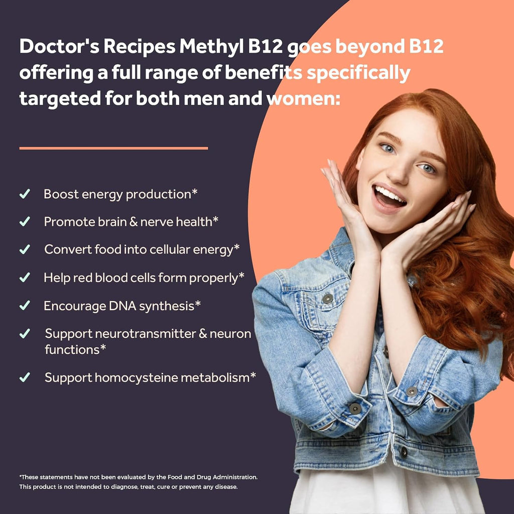 Doctor's Recipes Vitamina B12, Metilcobalamina 5000 mcg, 90 Comprimidos de Disolución Rápida, Sabor Natural a Melocotón, Vegano