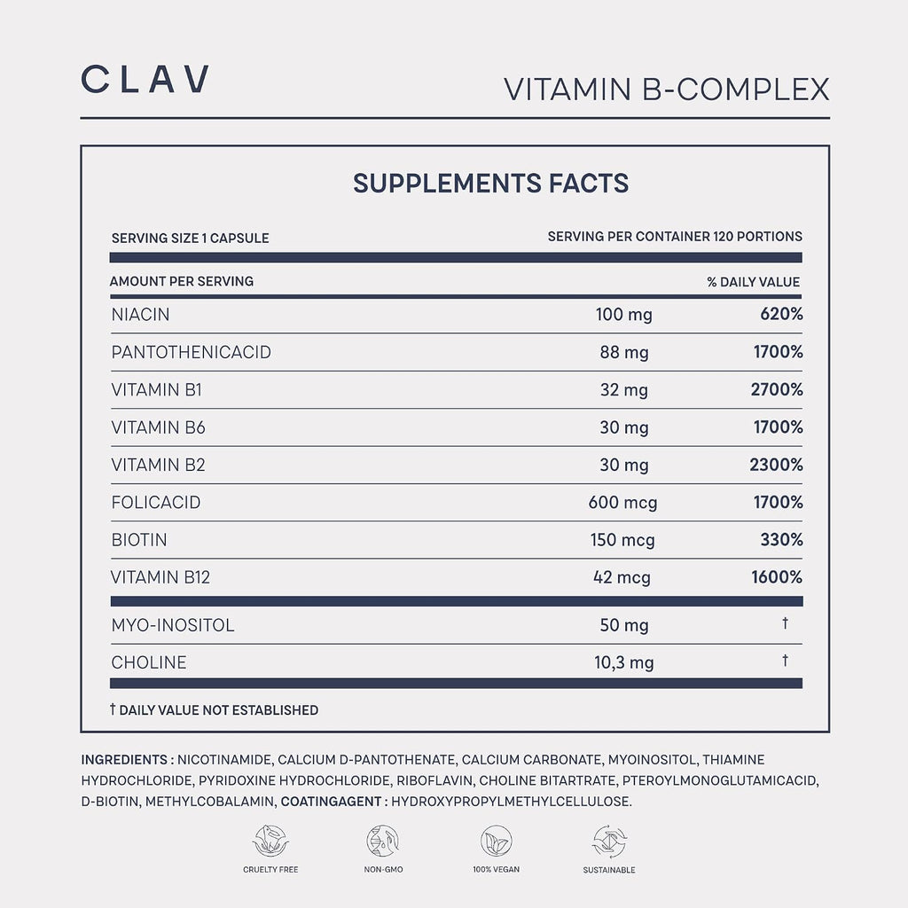 CLAV Vitamin B Complex - 120 Cápsulas - Todas las 8 Vitaminas B con Cofactores Mio-Inositol y Colina - Contribuye al Metabolismo Energético - Vegano - Fabricado en Alemania