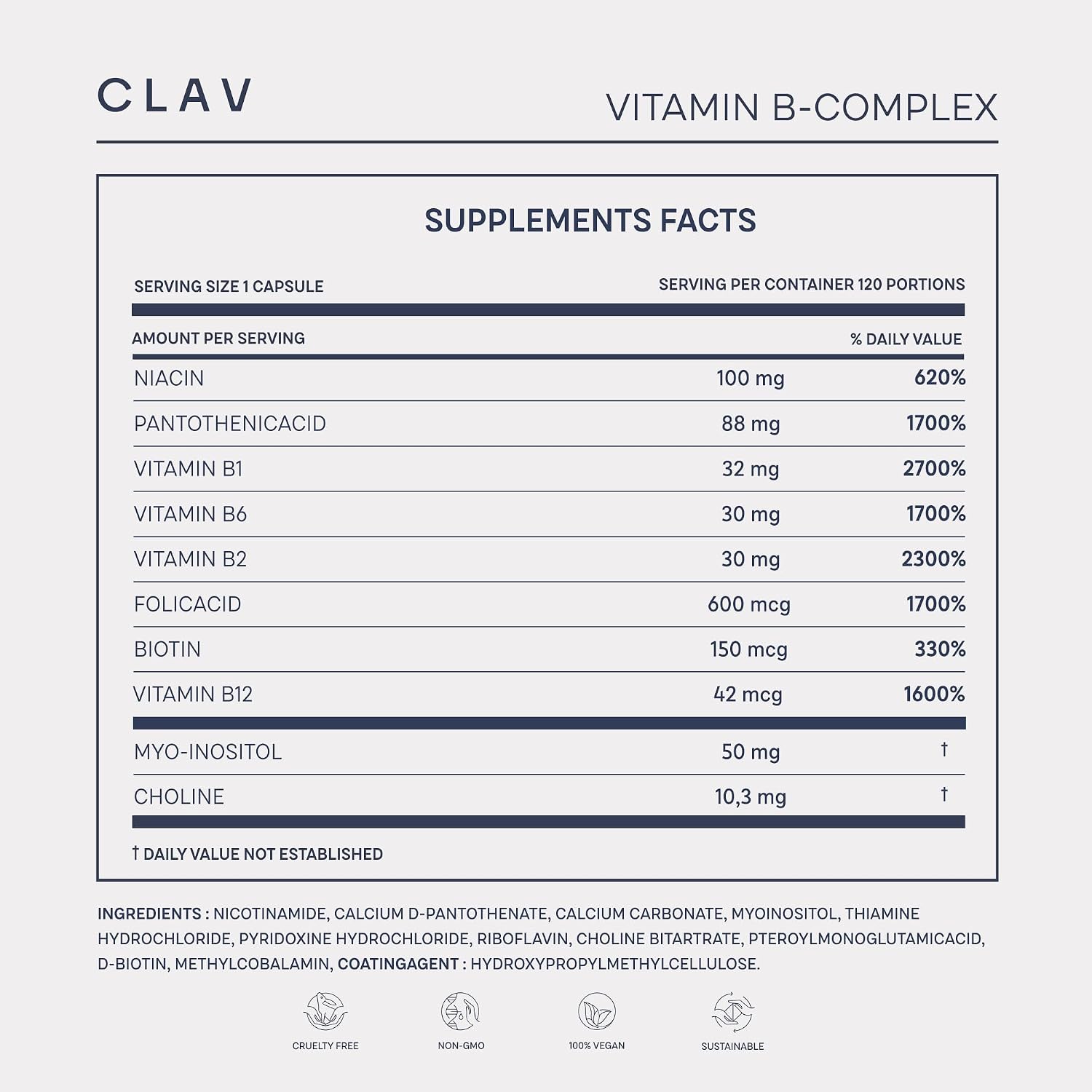CLAV Vitamin B Complex - 120 Cápsulas - Todas las 8 Vitaminas B con Cofactores Mio-Inositol y Colina - Contribuye al Metabolismo Energético - Vegano - Fabricado en Alemania