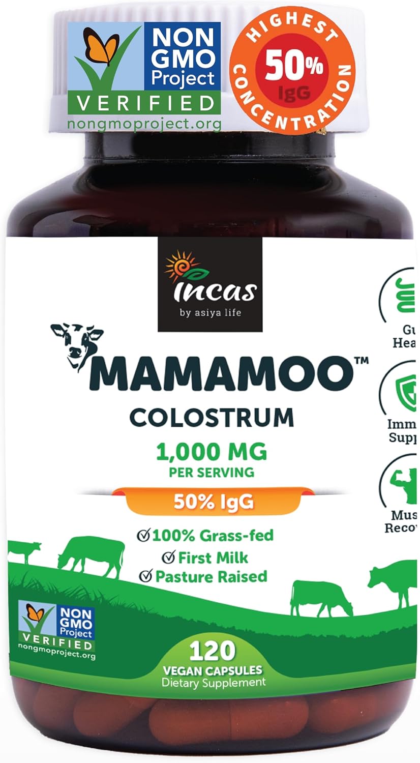 MamaMoo™ Calostro Bovino en Polvo >50% IgG, Pasto Criado, Verificado No GMO, Salud Intestinal, Inmunidad, Piel y Cabello (120 Cápsulas)