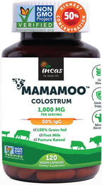 MamaMoo™ Calostro Bovino en Polvo >50% IgG, Pasto Criado, Verificado No GMO, Salud Intestinal, Inmunidad, Piel y Cabello (120 Cápsulas)
