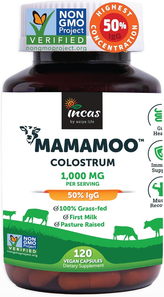 MamaMoo™ Calostro Bovino en Polvo >50% IgG, Pasto Criado, Verificado No GMO, Salud Intestinal, Inmunidad, Piel y Cabello (120 Cápsulas)