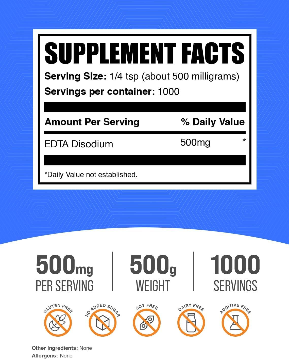 Disodium EDTA en Polvo - Grado Alimenticio, Puro, Sin Gluten, 500g