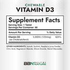 Built by Nature Vitamina D3 Masticable 5000 UI, 60 Comprimidos - Sin Azúcar, Sabor Natural a Bayas