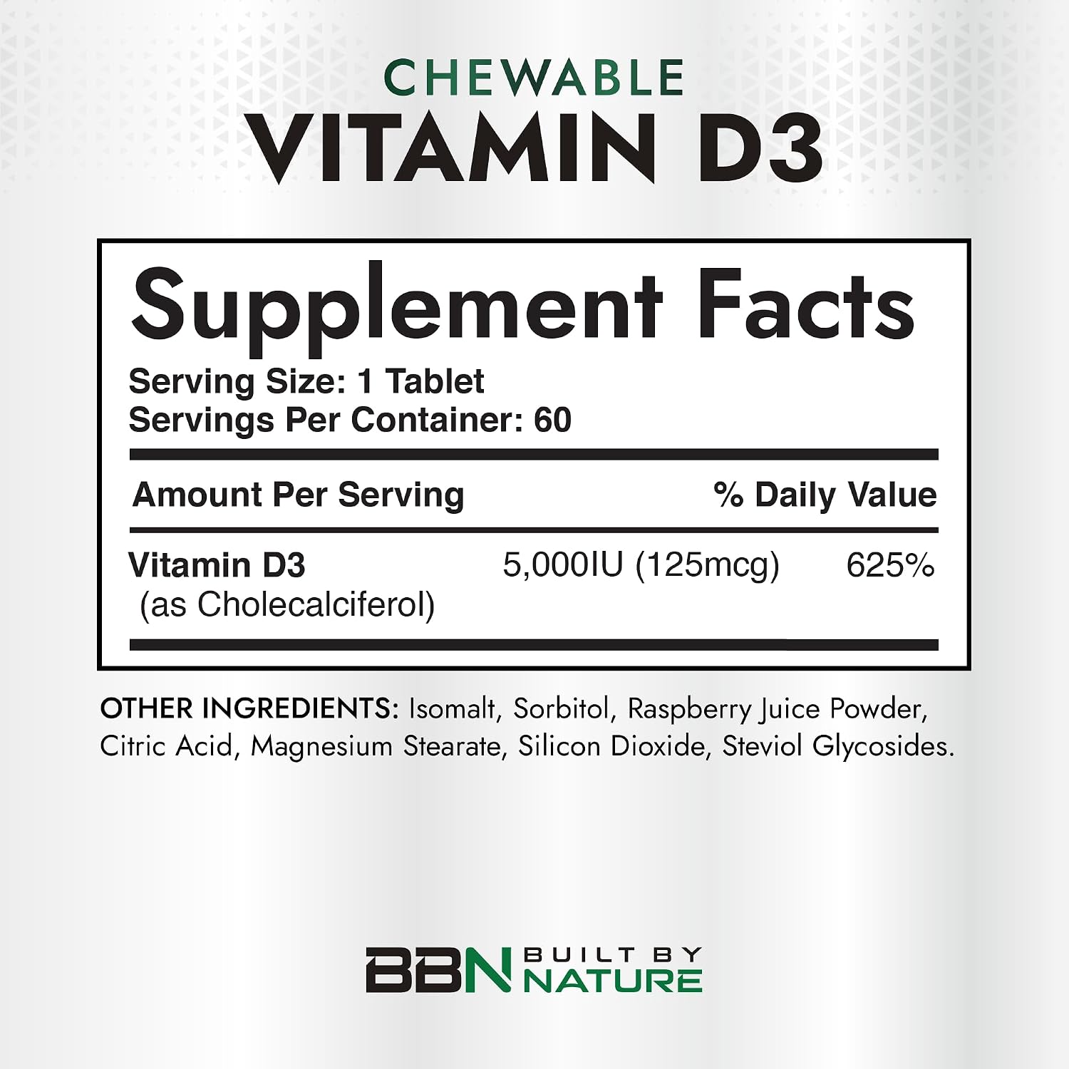 Built by Nature Vitamina D3 Masticable 5000 UI, 60 Comprimidos - Sin Azúcar, Sabor Natural a Bayas
