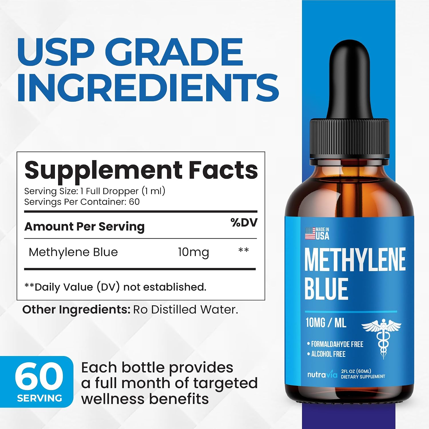 Azul de Metileno Gotas 1% Grado USP - Suplemento para Humanos (60 ml)