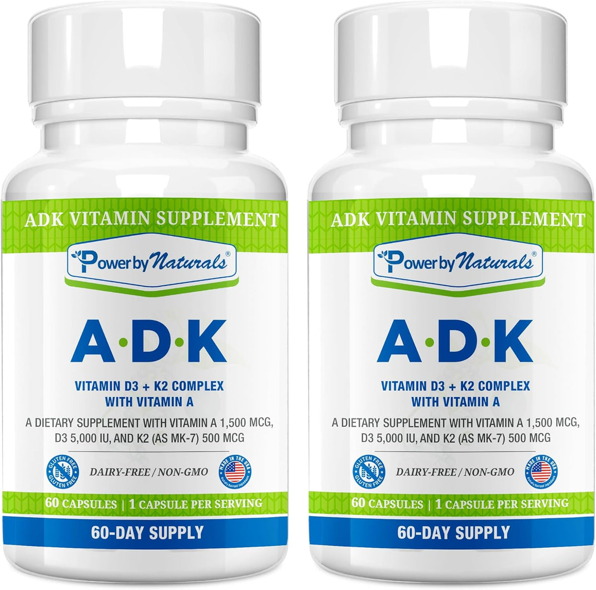 Power By Naturals ADK - Complejo de Vitaminas A, D3 y K2 MK-7 - 120 Cápsulas (2 Envases, 4 Meses) – Image 1