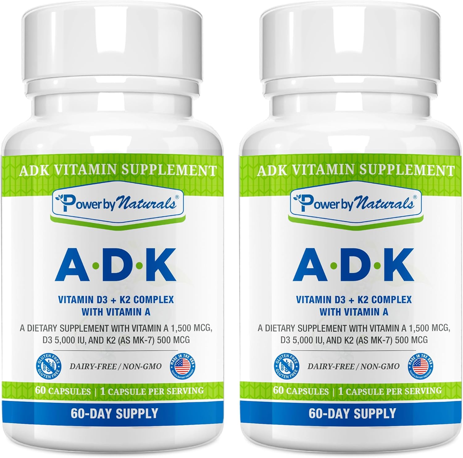 Power By Naturals ADK - Complejo de Vitaminas A, D3 y K2 MK-7 - 120 Cápsulas (2 Envases, 4 Meses)