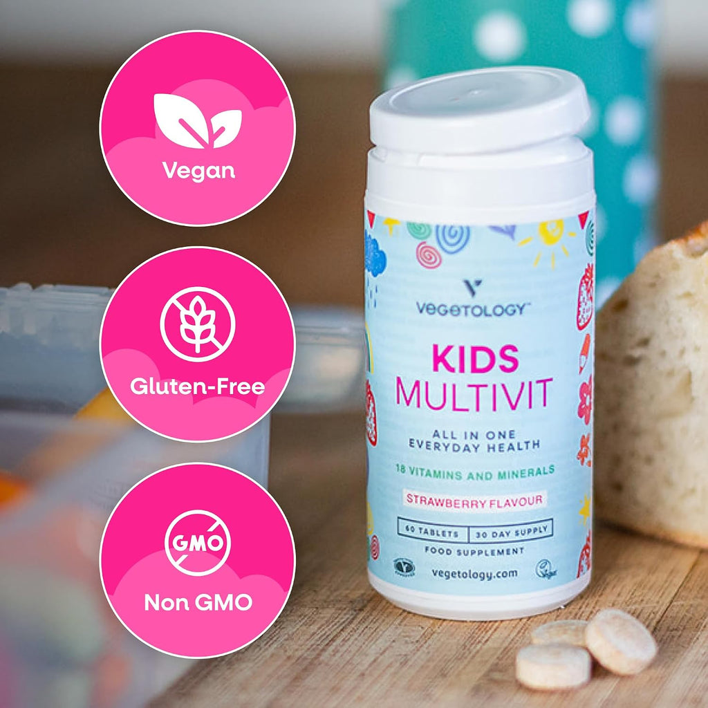 VEGETOLOGY Kids MultiVitamin - Multivitamínico infantil vegano masticable, 60 comprimidos sabor fresa