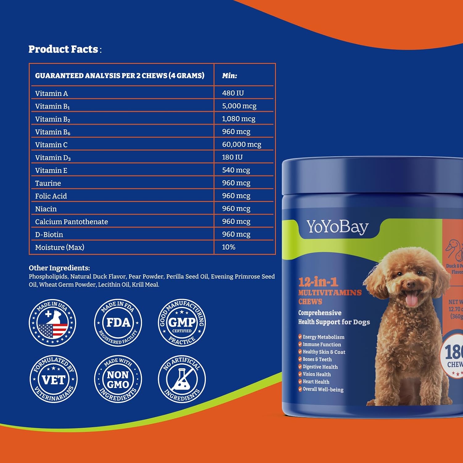 YoYoBay Multivitamínico Masticable para Perros - 180 Comprimidos Sabor Pato y Pera - Vitaminas A, B, C, D, E